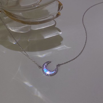 波光粼粼925純銀貝殼月亮項鏈疊戴雙層鎖骨鏈年新款潮ins頸鏈