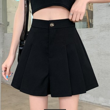 大尺碼短褲 闊腿褲 休閒短褲 熱褲 高腰短褲 夏季大尺碼闊腳褲女高腰外穿顯瘦A字百褶短褲黑色休閑熱褲