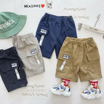 🌈✨mix1001挺版✨兩顆小表情織帶工裝短褲✨兒童J U S T布標口袋短褲5-17
