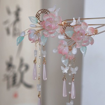 原創 據霜思 芙蓉花琉璃簪花重工流蘇發釵春上新仙氣漢服古風發飾 z803