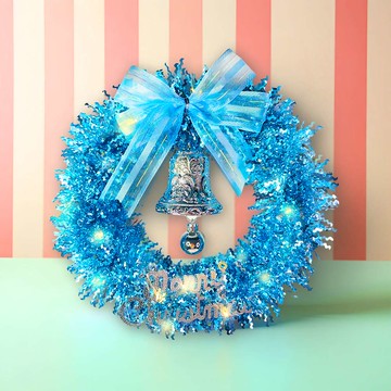 摩達客11吋夢幻土耳其藍系金蔥彎絲聖誕花圈＋20燈LED暖白光燈串_廠商直送