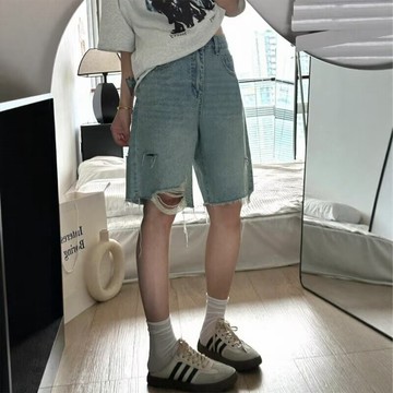 S-5XL 大尺碼破洞牛仔短褲女夏季薄款大碼胖mm梨形身材高腰顯瘦毛邊五分闊腿褲