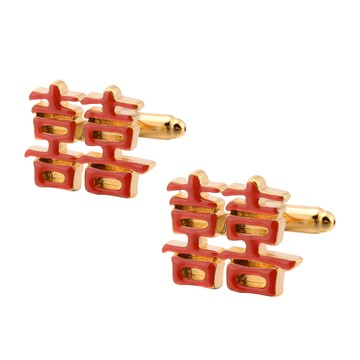 台灣現貨 婚禮不鏽鋼喜字法式袖扣領帶夾雙喜造型金屬法式襯衫袖扣 袖釘 男士袖口 附贈袖扣盒 不鏽鋼金紅方形喜字袖扣