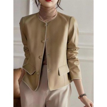 日系輕奢100%綿羊皮外套2025年春秋新款圓領小香風真皮短款皮衣女