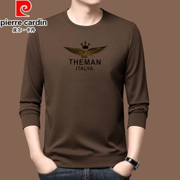 皮爾卡丹高檔桑蠶絲圓領衛衣男士春秋季中青年長袖t恤上衣打底衫