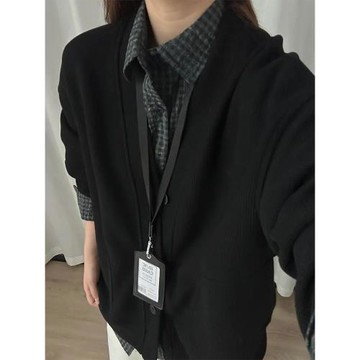 華夫格開衫外套男女春秋季cleanfit慵懶風v領衛衣高級感黑色夾克