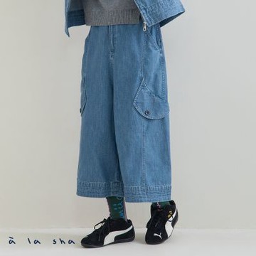 a la sha 壓線細節牛仔寬褲