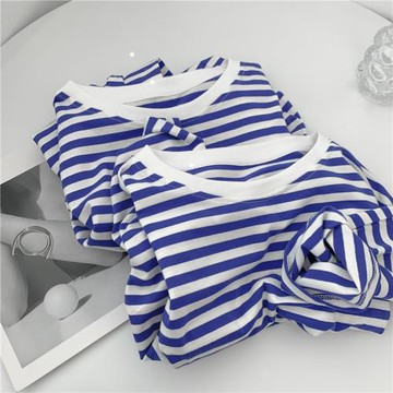 藍白條紋元圓領T恤打底衫女海軍藍條紋衫寬松內搭外穿打底衫T恤