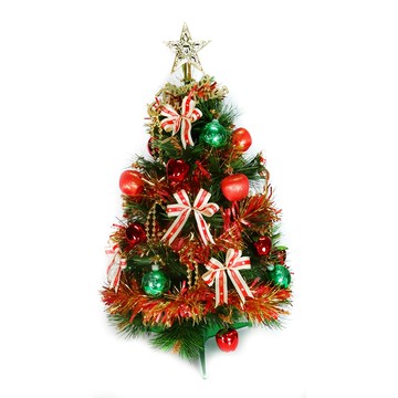 摩達客 特級綠色松針葉聖誕樹組 2尺/60cm 含43件裝飾配件 含50燈彩色LED燈串  綠色 + 紅色
