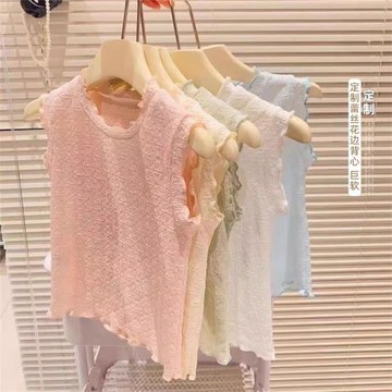 女童洋氣軟蕾絲高彈背心 2025夏季新款兒童休閑百搭木耳邊無袖T恤