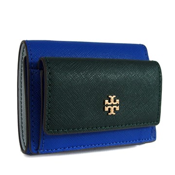 TORY BURCH Emerson 金屬雙T LOGO雙色防刮皮革三折壓扣式短夾(藍綠色)