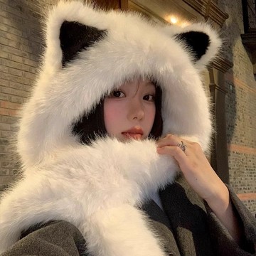 🔥店長推薦🔥毛絨絨狐狸耳朵帽子圍巾一體女2025年冬季加厚保暖顯臉小雷鋒帽潮