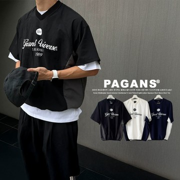【PAGANS STORE】韓國 風衣 Grand Univeres 撞色 V領 印花 英文 字母 標語 短袖 短tee