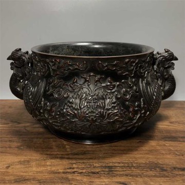 老件紫銅浮雕宣德款高12*28*17.5公分5公斤鸞鳳穿牡丹香爐擺件