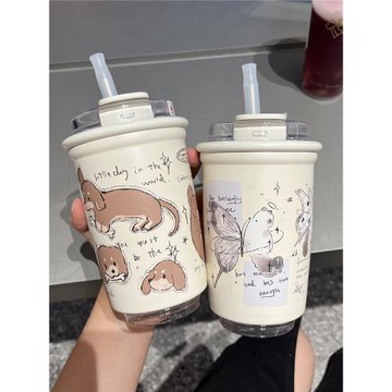 ES 原創設計小狗蝴蝶保溫杯316不銹鋼咖啡杯隨行杯吸管可愛水杯女