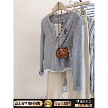 胖妹妹大碼韓系設計感刺繡排扣假兩件上衣女早春秋顯瘦長袖T恤衫