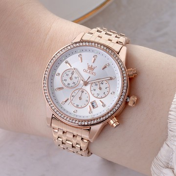 OLEVS閃爍奇蹟真三眼點鑽金屬鍊帶手錶【WOL5582】-白面玫金帶