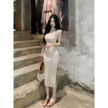 純欲風修身高領短袖連衣裙女夏季緊身開叉魚尾裙氣質收腰中長裙子