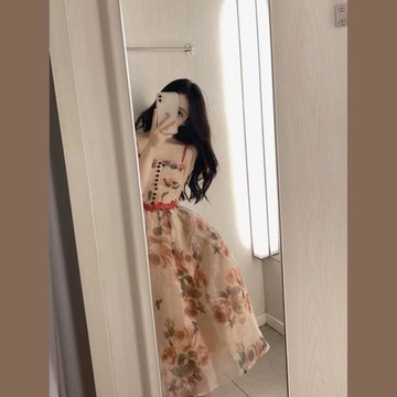 法式歐根紗粉色碎花吊帶連衣裙子茶歇絕美迪士尼在逃公主超仙女夏