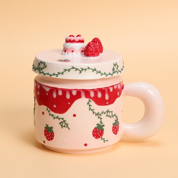 草莓蛋糕陶瓷杯帶蓋手工製作可愛茶杯粉紅色甜點主題