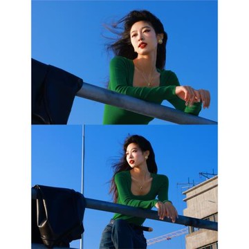 設計感小眾綠色針織衫女春秋2025新款方領修身顯瘦內搭上衣打底衫