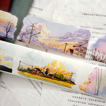 落日餘輝 - PET和紙膠帶晚霞插畫DIY手帳日誌裝飾素材