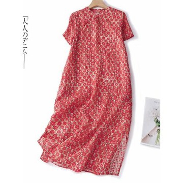 品牌折扣女裝專柜清倉處理2026春夏新款A字裙旗袍復古短袖連衣裙