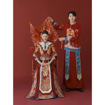秀禾服2025新款古裝嫁衣結婚禮服紅藍男女套裝中式新娘服婚服嫁衣