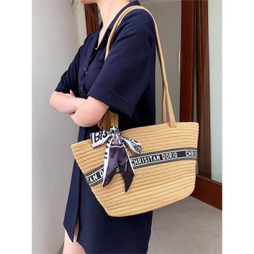 編織單肩大容量托特包女拉鏈棉線時尚休閑百搭旅游逛街沙灘媽媽包