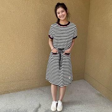 Hana-Mokuba花木馬日系女裝圓領條紋綁帶休閒洋裝_藍條紋