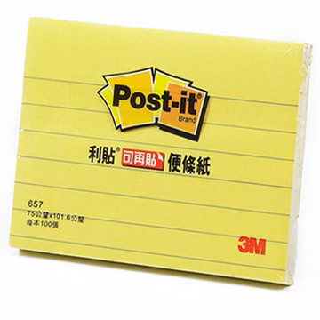 3M  657L 利貼 可再貼便條紙  黃(橫格)【APP滿額下單10%點數(單一帳號最高5000點)】1/31止