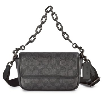 COACH Charter18老花C紋翻蓋鏈帶肩背包 斜背包(黑灰)194408-1｜GoBrand購名牌