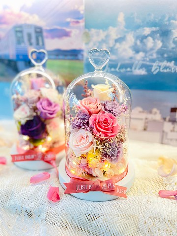 永生花康乃馨玫瑰玻璃瓶 粉紅系玫瑰及薰衣草紫康乃馨