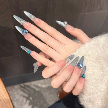 💅現實下殺穿戴甲💅藍色氣質純手工純慾風法式美甲穿戴氛圍高級爆閃溫柔貓眼名媛顯白穿戴甲 EVGW