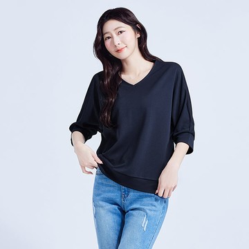 坑條V領七分袖寬版上衣