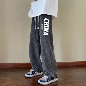 新款牛仔褲男加絨秋冬季青少年高街潮流寬松直筒痞帥休閑牛仔長褲