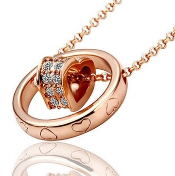 純銀項鍊 鍍18K金鑲鑽吊墜-時尚雙圈精緻愛心母親節生日情人節禮物女飾品73ce1【獨家進口】【米蘭精品】