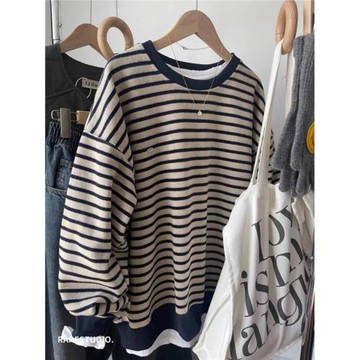 撞色條紋加厚保暖圓領衛衣女秋冬寬松慵懶設計感氣質休閑百搭上衣