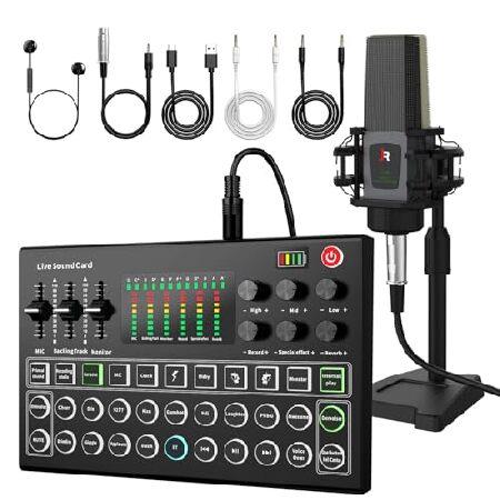 RHM Podcast Equipment Bundle, All-in-One Audio Interface DJ Mixer with Microphone, Stand, Monitor Earphone, Audio Mixer With Sound card for PC Laptop 