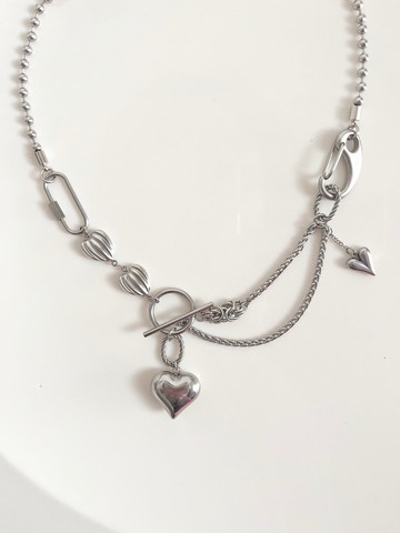 Heart 2way necklace silver 愛心 項鍊 頸鍊 銀色 不鏽鋼 誇張