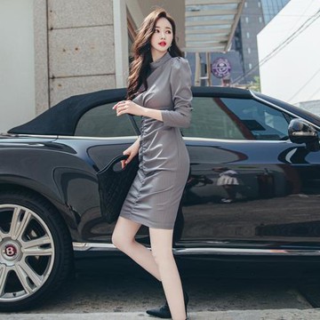 設計感條紋修身氣質連衣裙春秋裝