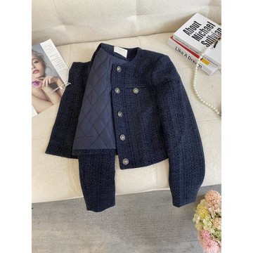 藏藍色小香風外套女2024春秋新款高級感時尚洋氣氣質羊毛呢短上衣