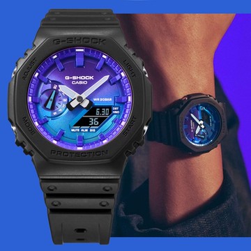 CASIO 卡西歐 G-SHOCK 漸層煙霧 絢麗藍色火焰八角形雙顯錶 GA-2100FL-1A