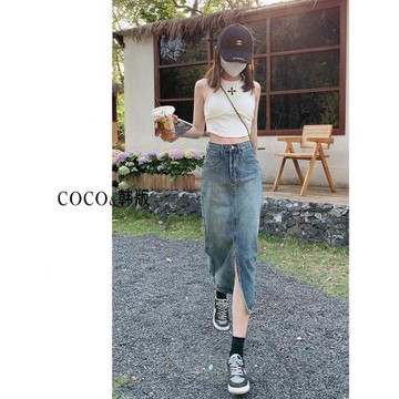(免運)高腰開叉牛仔半身裙女2026春季新款中長款遮胯a字小個子包臀裙子