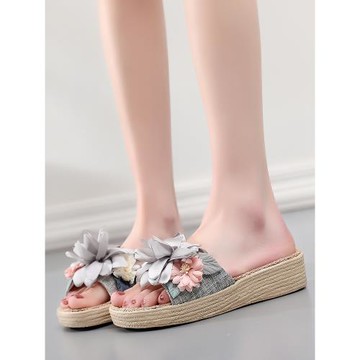 韓系坡跟布藝花朵甜美設計感室內家用拖鞋女防滑厚底靜音居家夏天