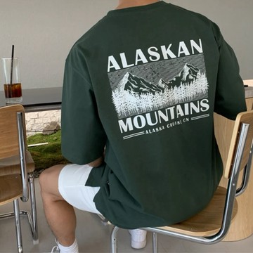 [HYC] 韓國 Alaskan 潮流 阿拉斯加山脈 山峰 森林 印花 重工 高品質 闊版 短袖 T恤 風景印花T