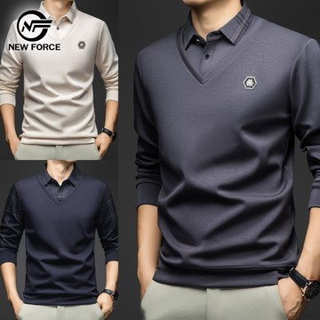 紳士假兩件V領休閒長袖上衣