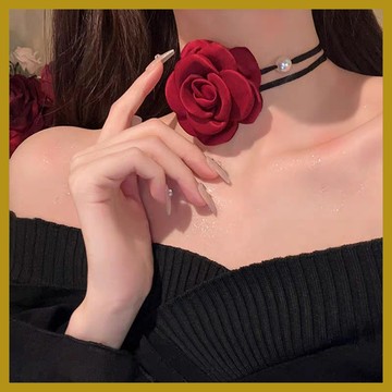 安可拉紅玫瑰花項鏈 山茶花係帶項圈頸鏈 Choker珍珠鎖骨鏈