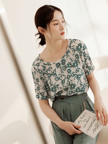 圓領印花泡袖不易皺雪紡上衣