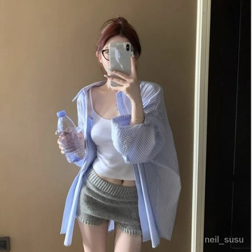 【限時特賣】 襯衫女 女生襯衫 襯衫外套 防曬外套 韓版襯衫 條紋防曬襯衫外套女夏季2024新款寬鬆法式上衣設計感小眾襯